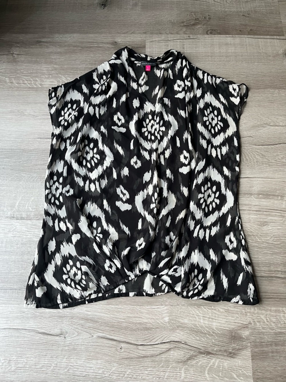 Vince Camuto Black and White Ikat Knot-Front Blouse